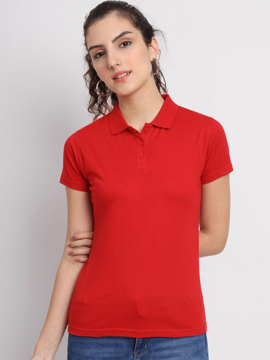 appulse women red polo collar pockets slim fit t-shirt