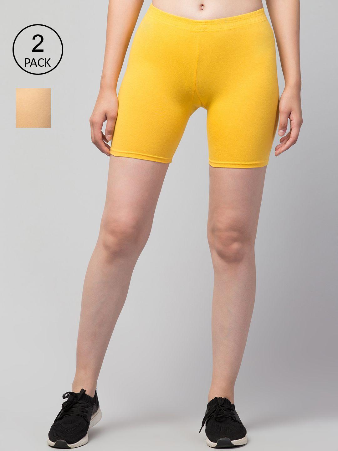 apraa & parma pack of 2 women yellow slim fit cycling sports shorts