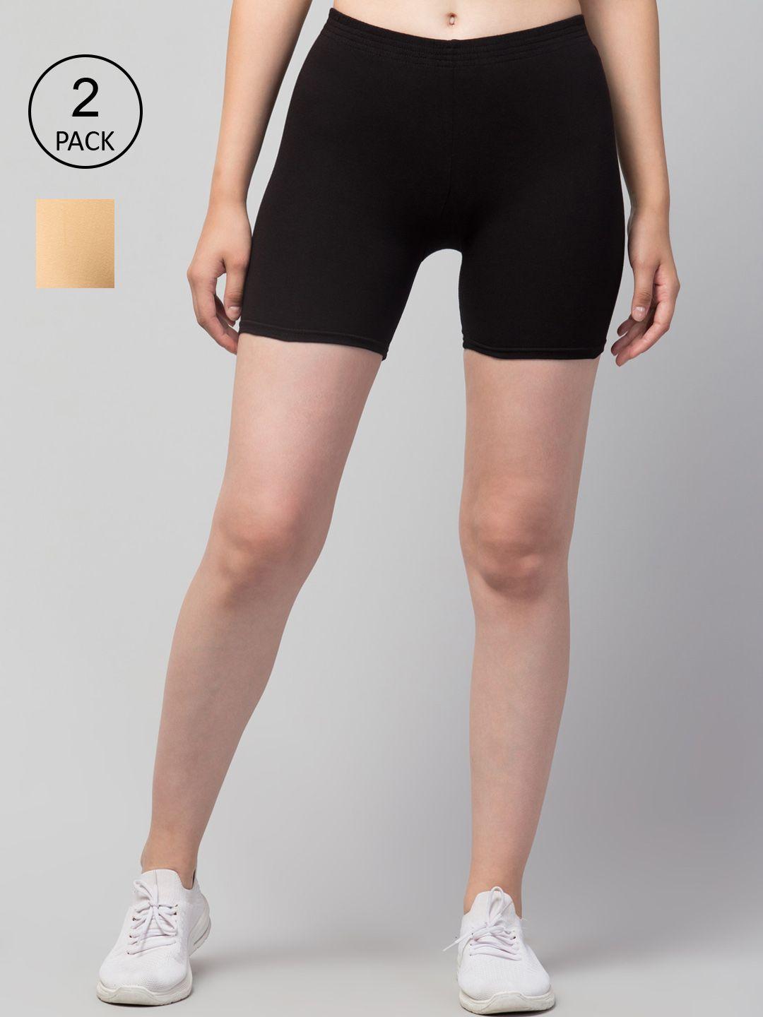apraa & parma women cream & black pack of 2 skinny fit cycling pure cotton shorts