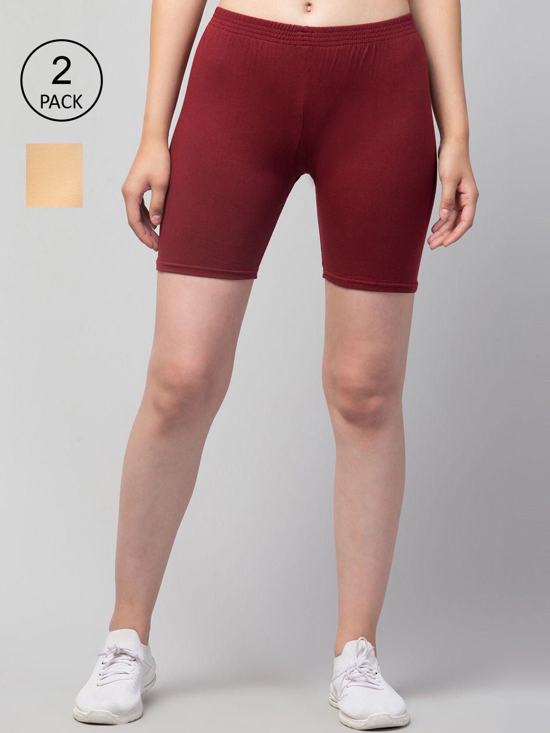 apraa & parma women cream & maroon pack of 2 skinny fit cycling pure cotton shorts