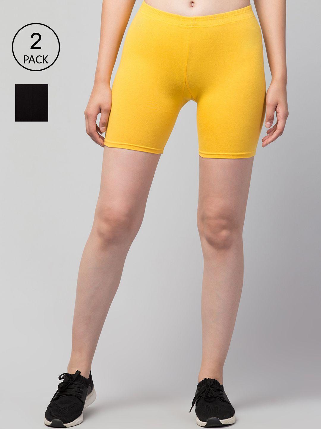apraa & parma women pack of 2 yellow & black slim fit cycling cotton sports shorts