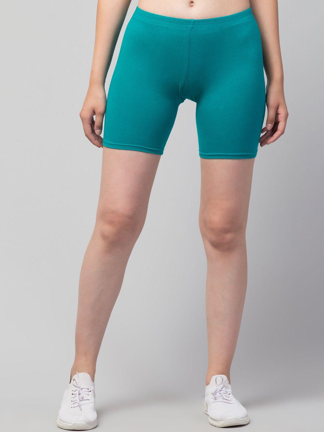 apraa & parma women rama green solid cotton skinny fit cycling sports shorts