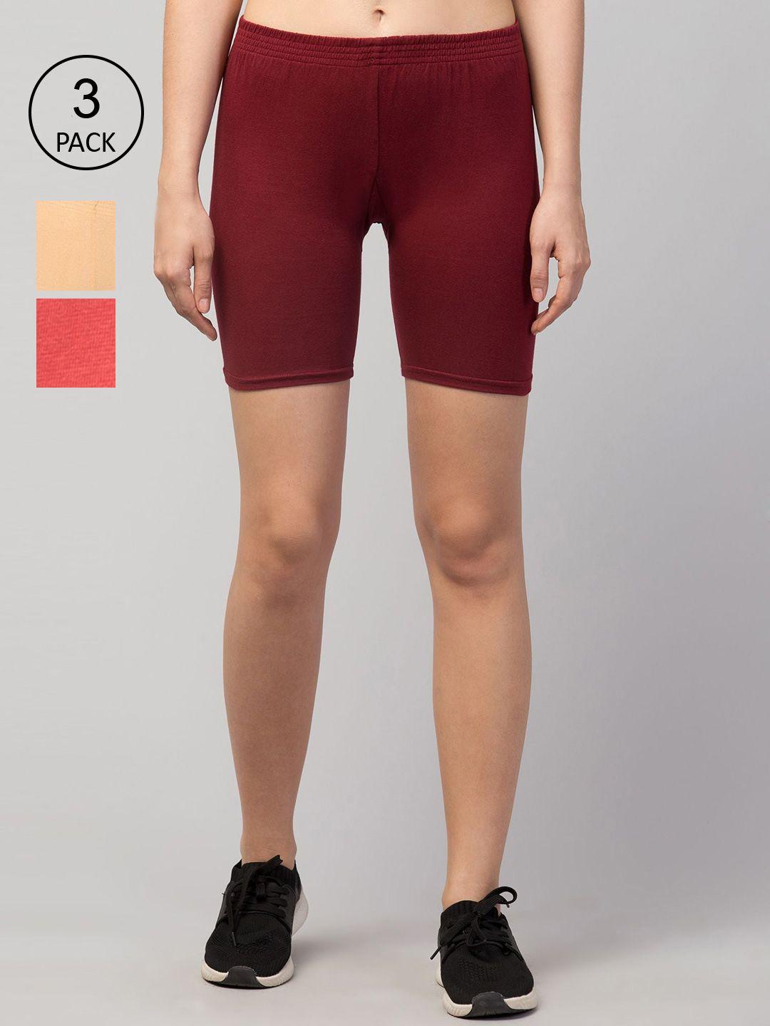 apraa & parma women set of 3 maroon peach & coral slim fit cycling sports shorts