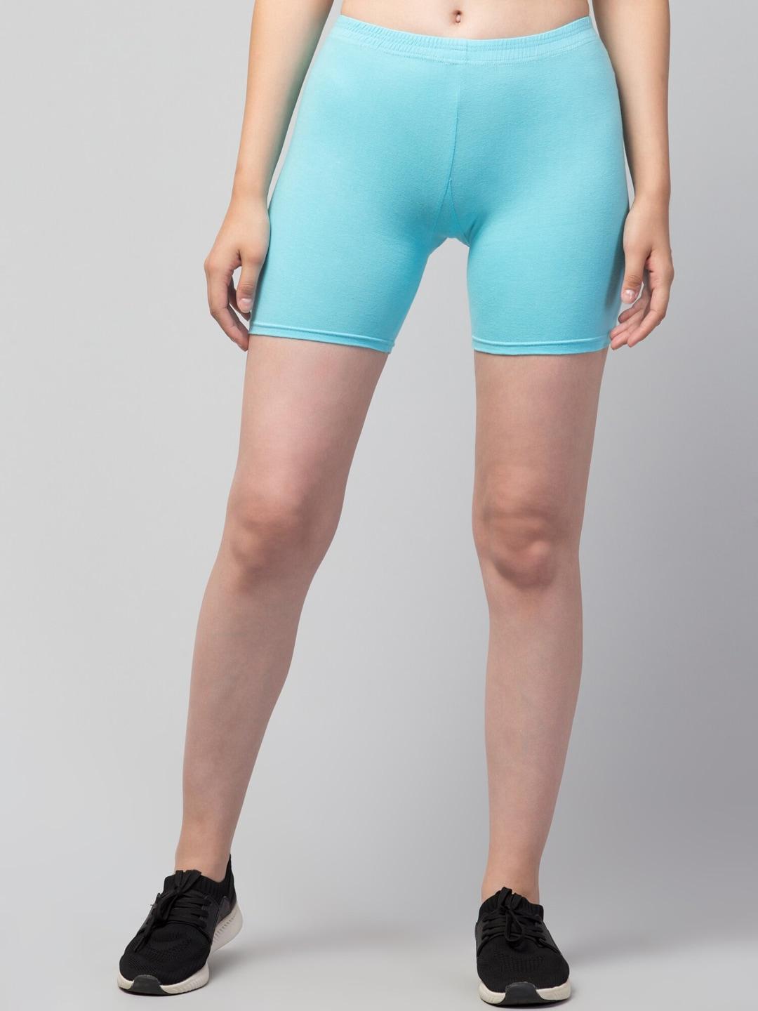 apraa & parma women turquoise blue solid cotton skinny fit cycling sports shorts