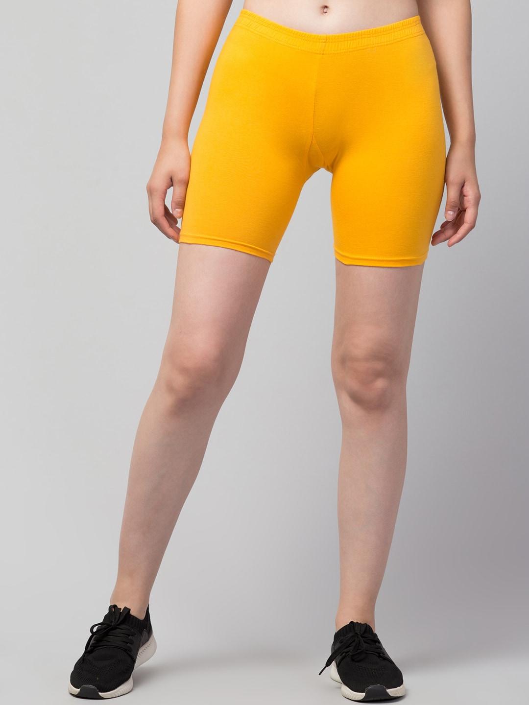 apraa & parma women yellow solid cotton skinny fit cycling sports shorts