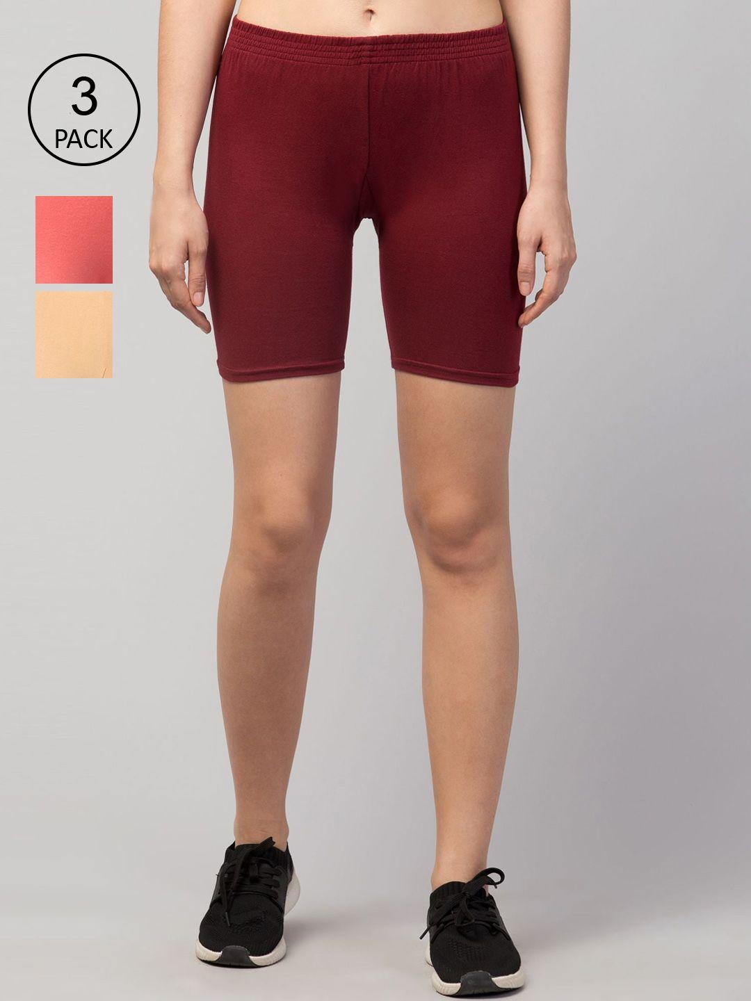 apraa & parma pack of 3 women maroon pure cotton slim fit cycling sports shorts