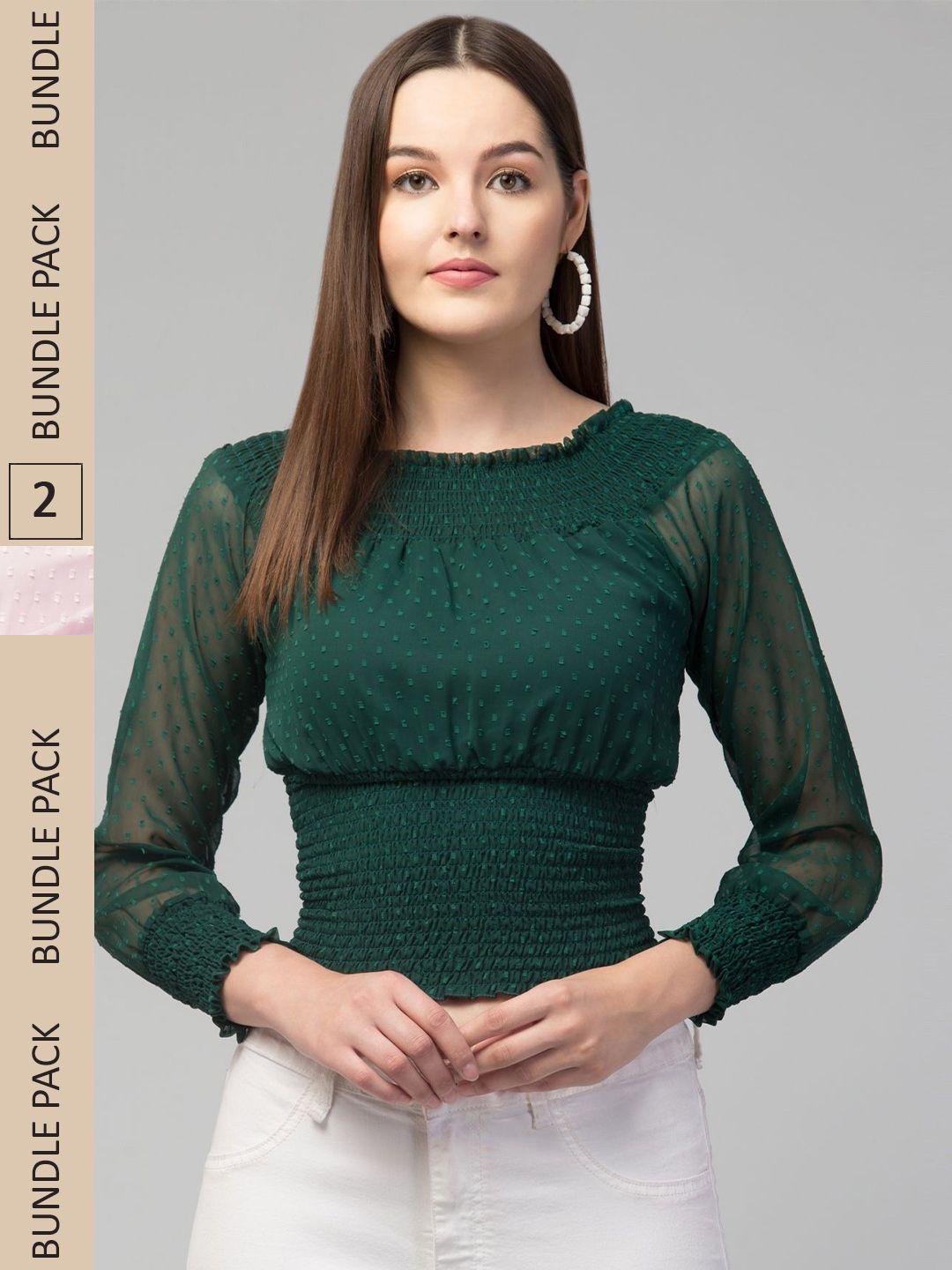 apraa & parma women green & pink off-shoulder smocked cinched waist top