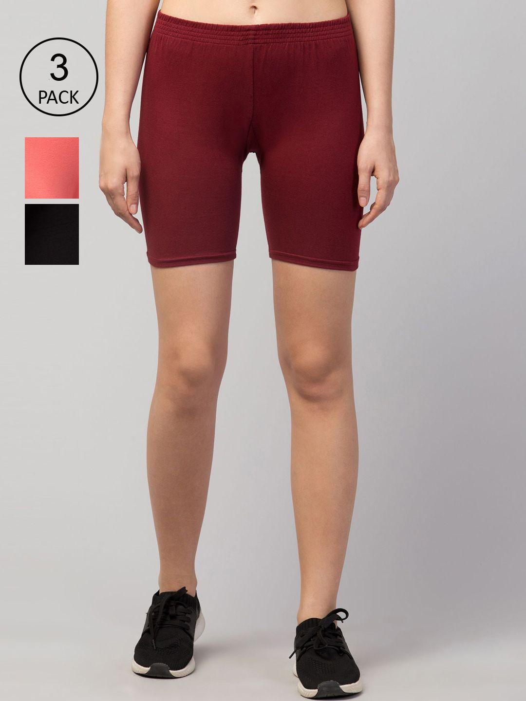 apraa & parma women maroon & black  slim fit pack of 3 cycling sports shorts