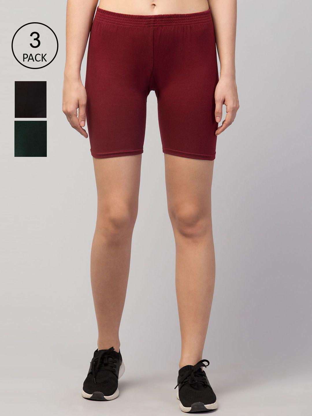 apraa & parma women maroon & black set of 3 slim fit pure cotton cycling sports shorts