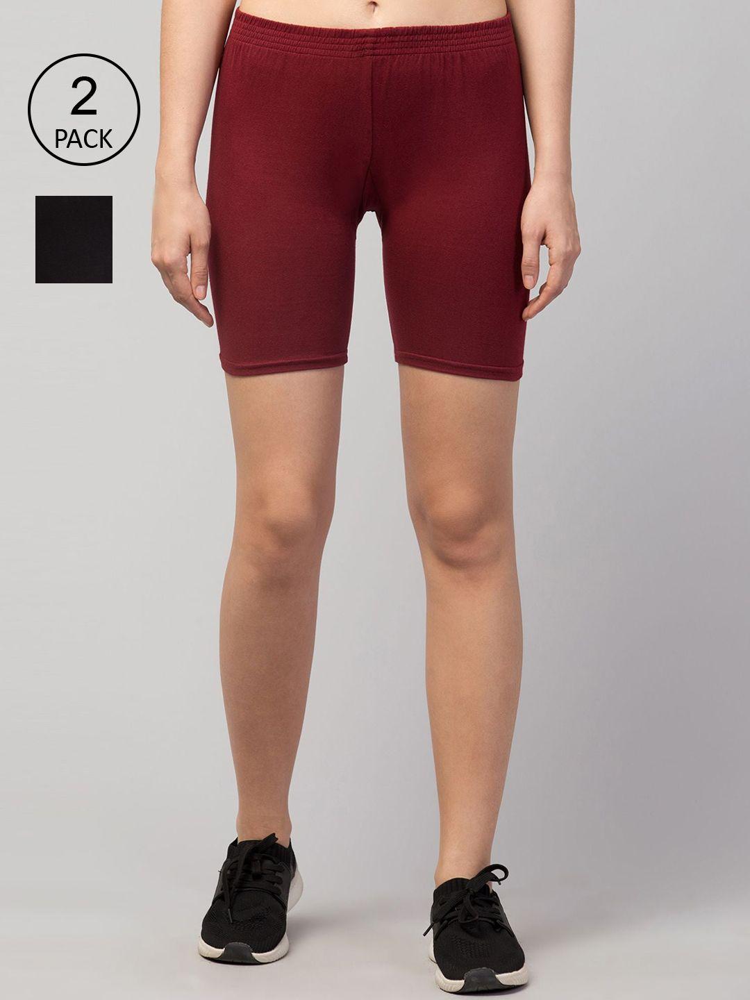 apraa & parma women maroon slim fit cycling sports set of 2 shorts