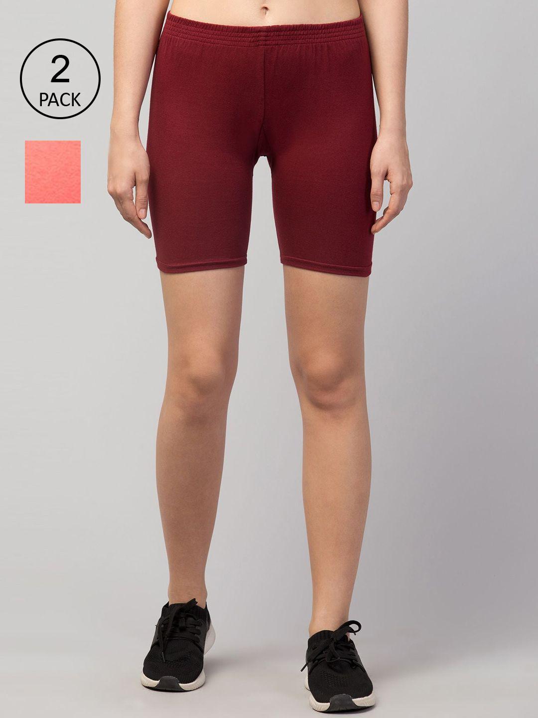 apraa & parma women maroon slim fit cycling sports shorts set of 2