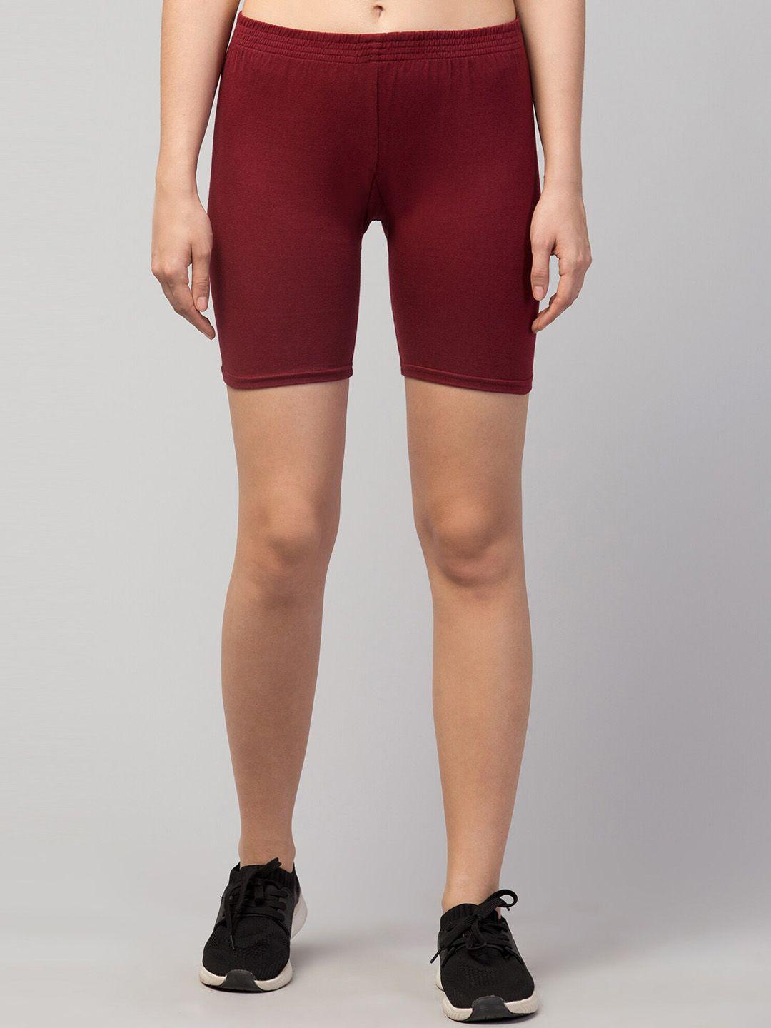 apraa & parma women maroon solid cotton slim fit cycling shorts