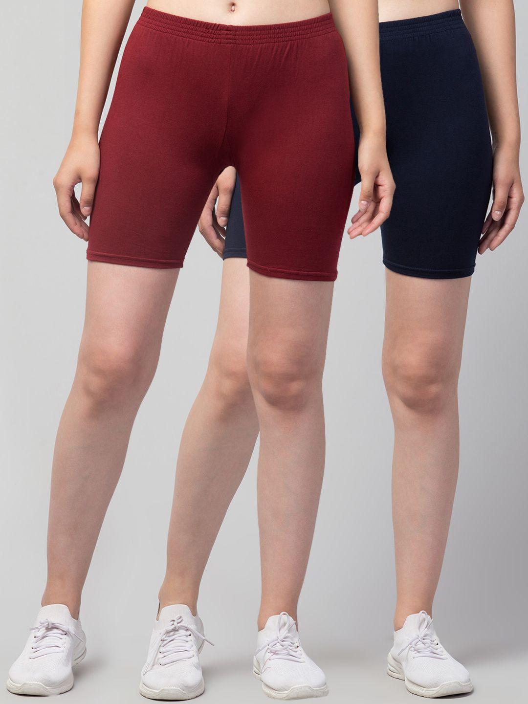 apraa & parma women navy blue set of 2 slim fit cotton cycling sports shorts
