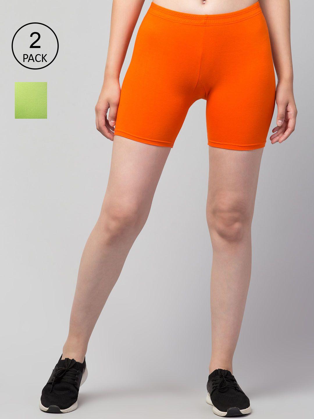 apraa & parma women orange & green pack of 2 skinny fit cycling pure cotton shorts