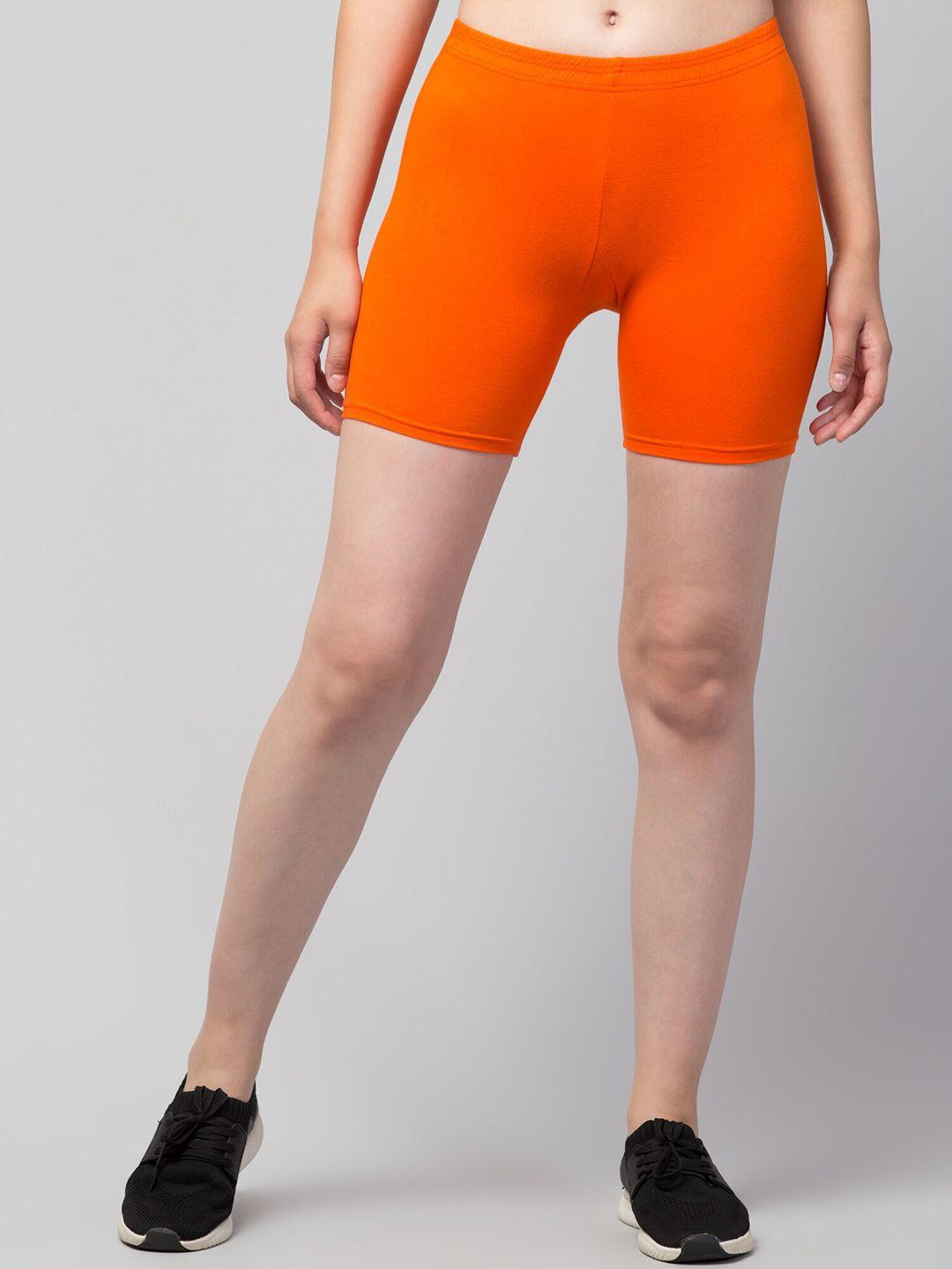 apraa & parma women orange solid cotton skinny fit cycling sports shorts