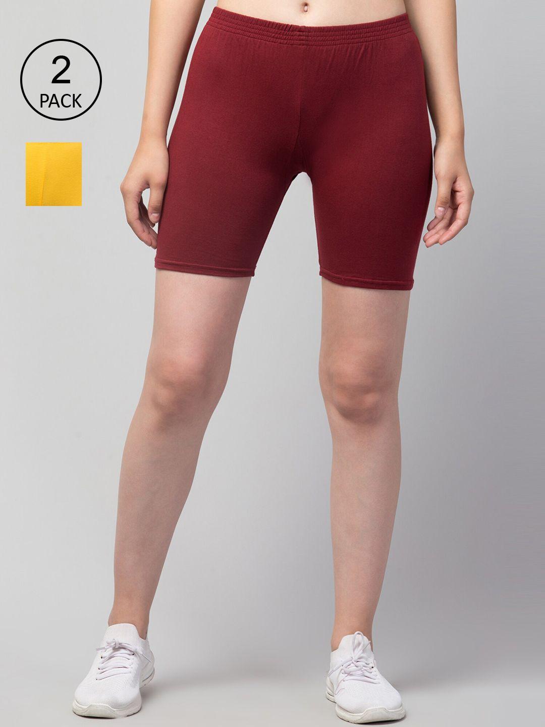 apraa & parma women pack of 2 yellow and maroon cotton cycling sports shorts