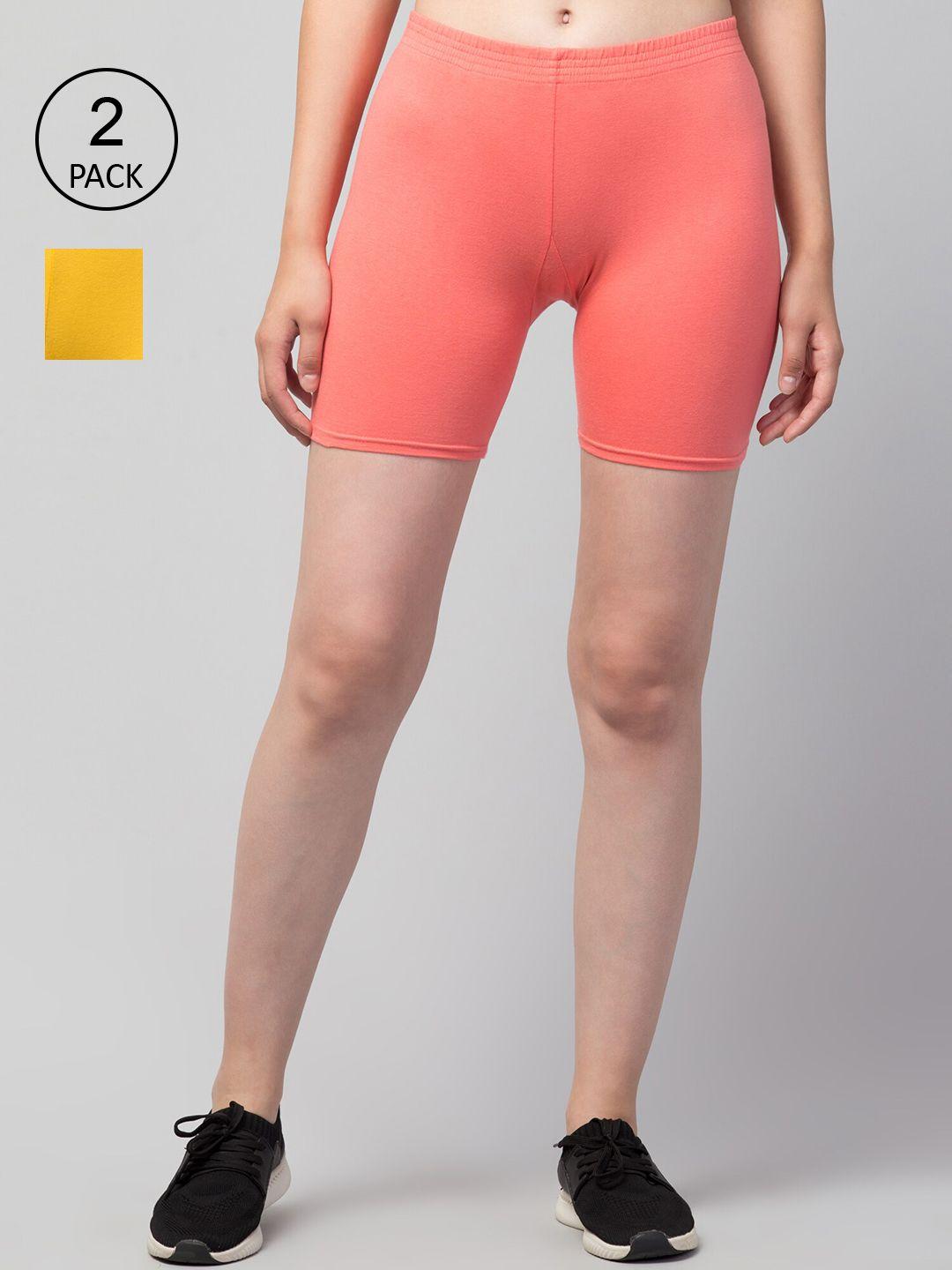 apraa & parma women pack of 2 yellow and peach cotton cycling sports shorts