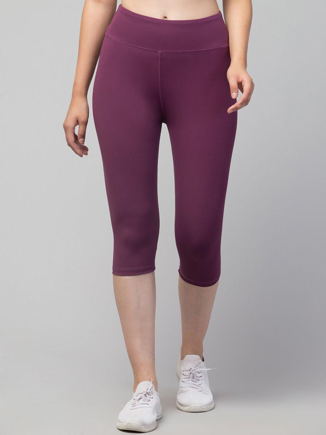 apraa & parma women purple solid dry fit yoga capri tights