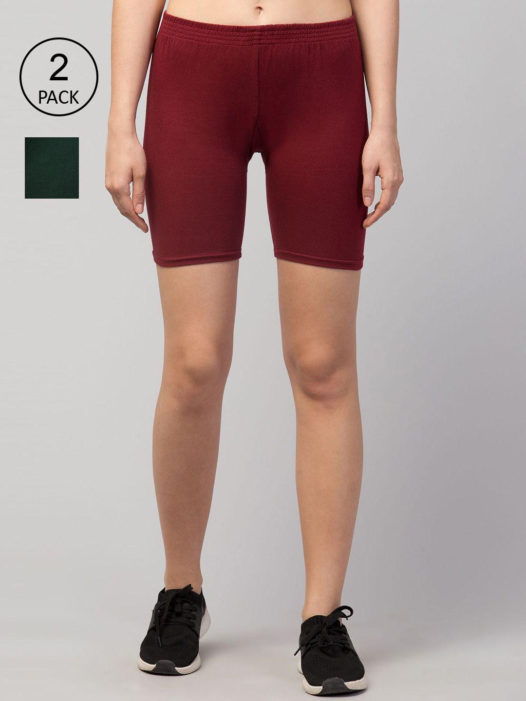 apraa & parma women set of 2 maroon & green slim fit cycling sports shorts