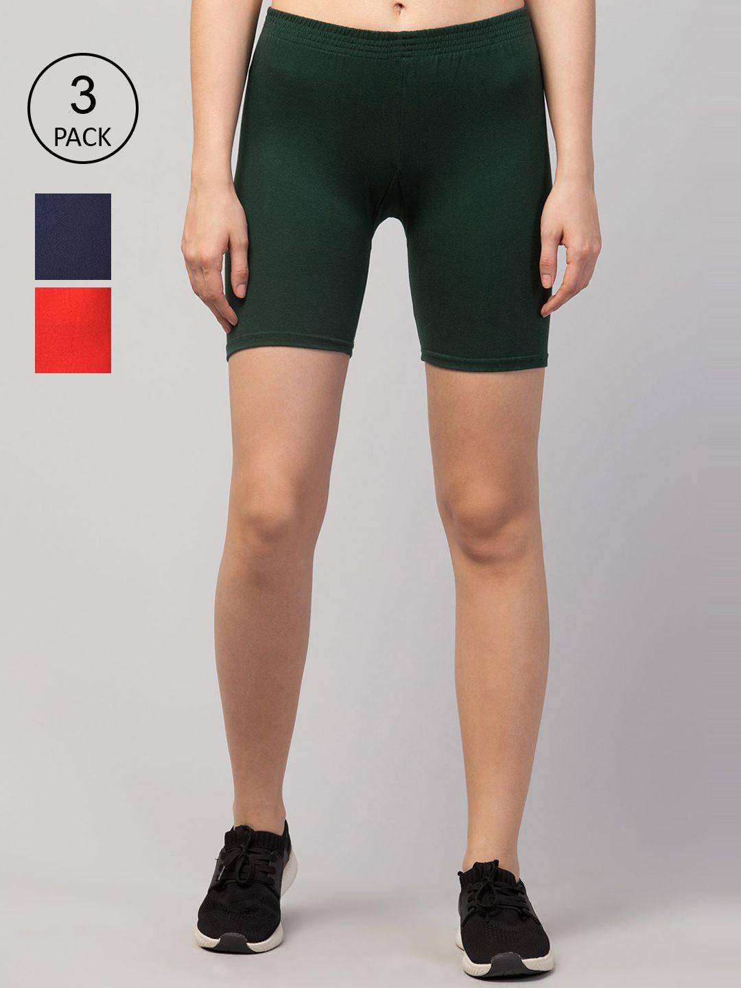 apraa & parma women set of 3 green slim fit cycling sports shorts