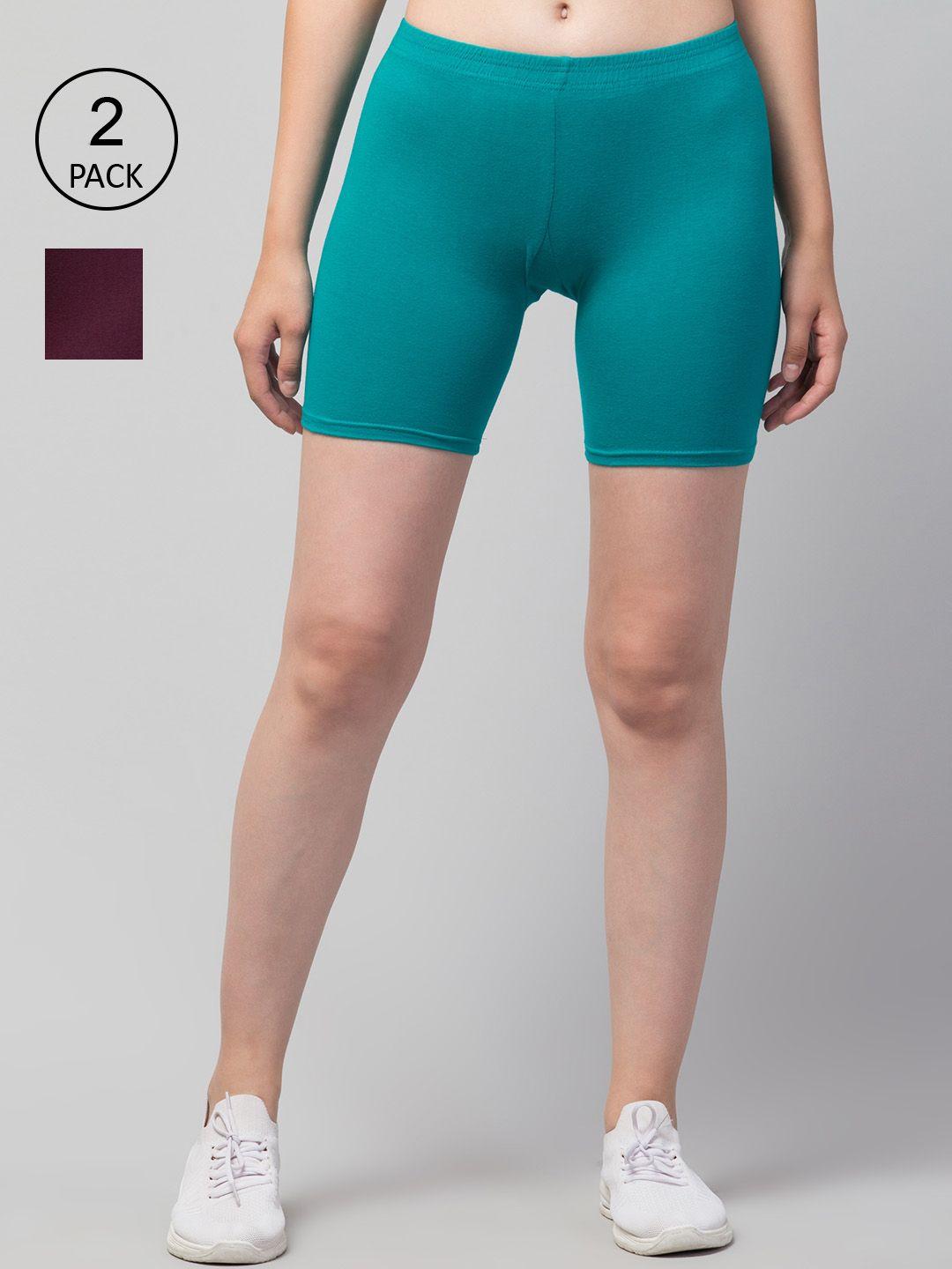 apraa & parma women teal & maroon pack of 2 skinny fit cycling pure cotton shorts