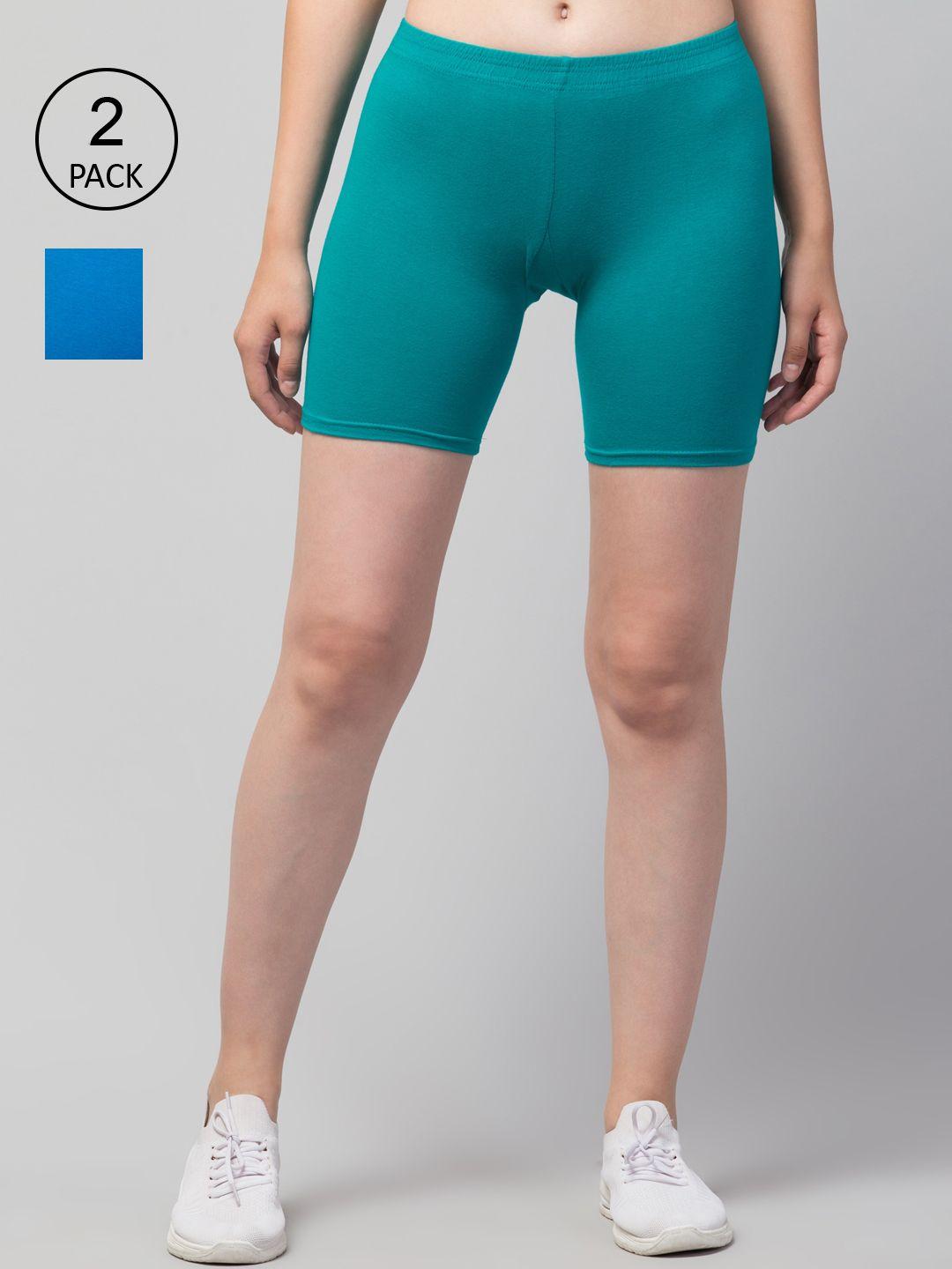 apraa & parma women teal green & blue pack of 2 skinny fit cycling pure cotton shorts