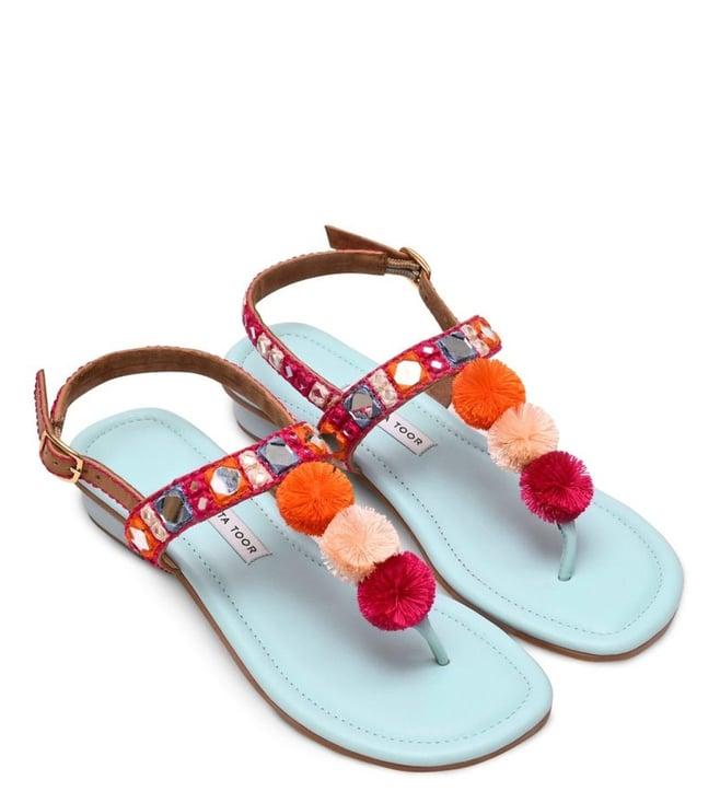 aprajita toor sky blue ras silk pom-pom t bar flats