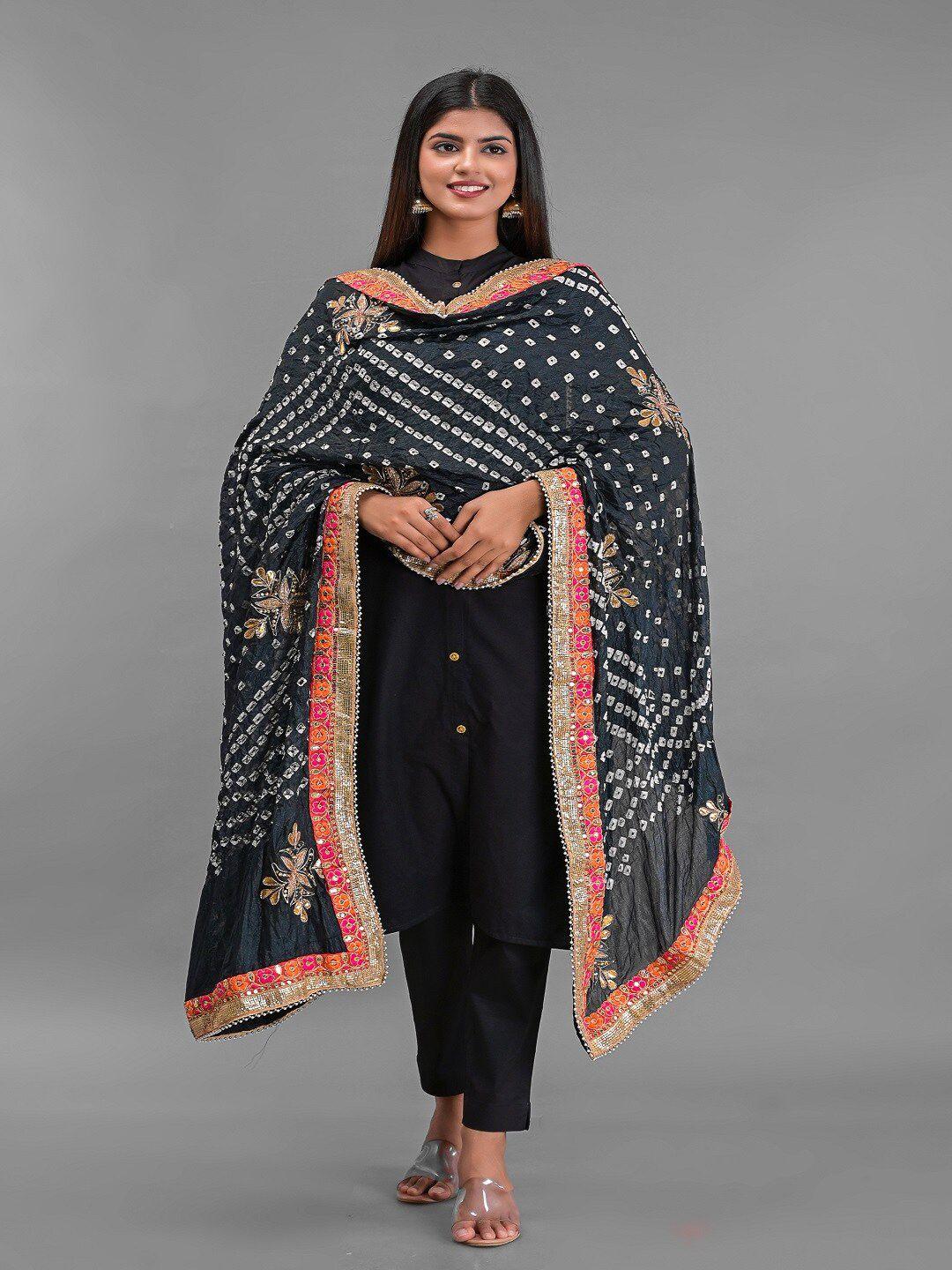 apratim black & red printed art silk bandhani dupatta with gotta patti
