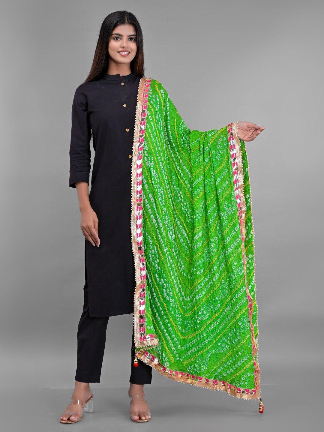 apratim green & white printed art silk bandhani dupatta