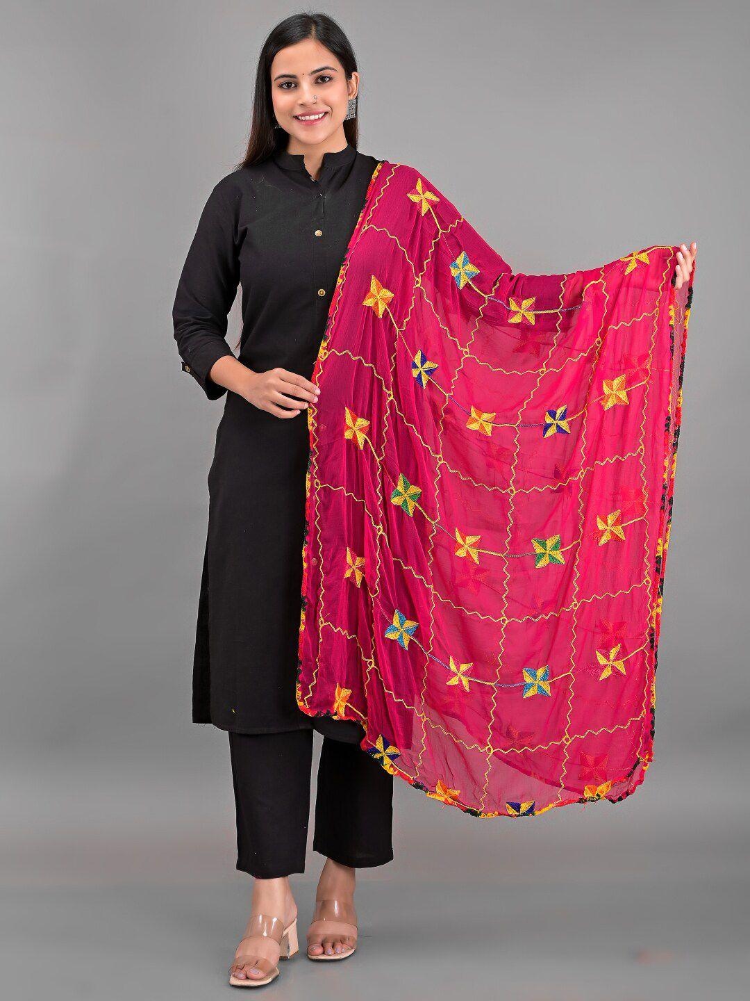 apratim women pink & yellow ethnic motifs embroidered poly chiffon phulkari dupatta
