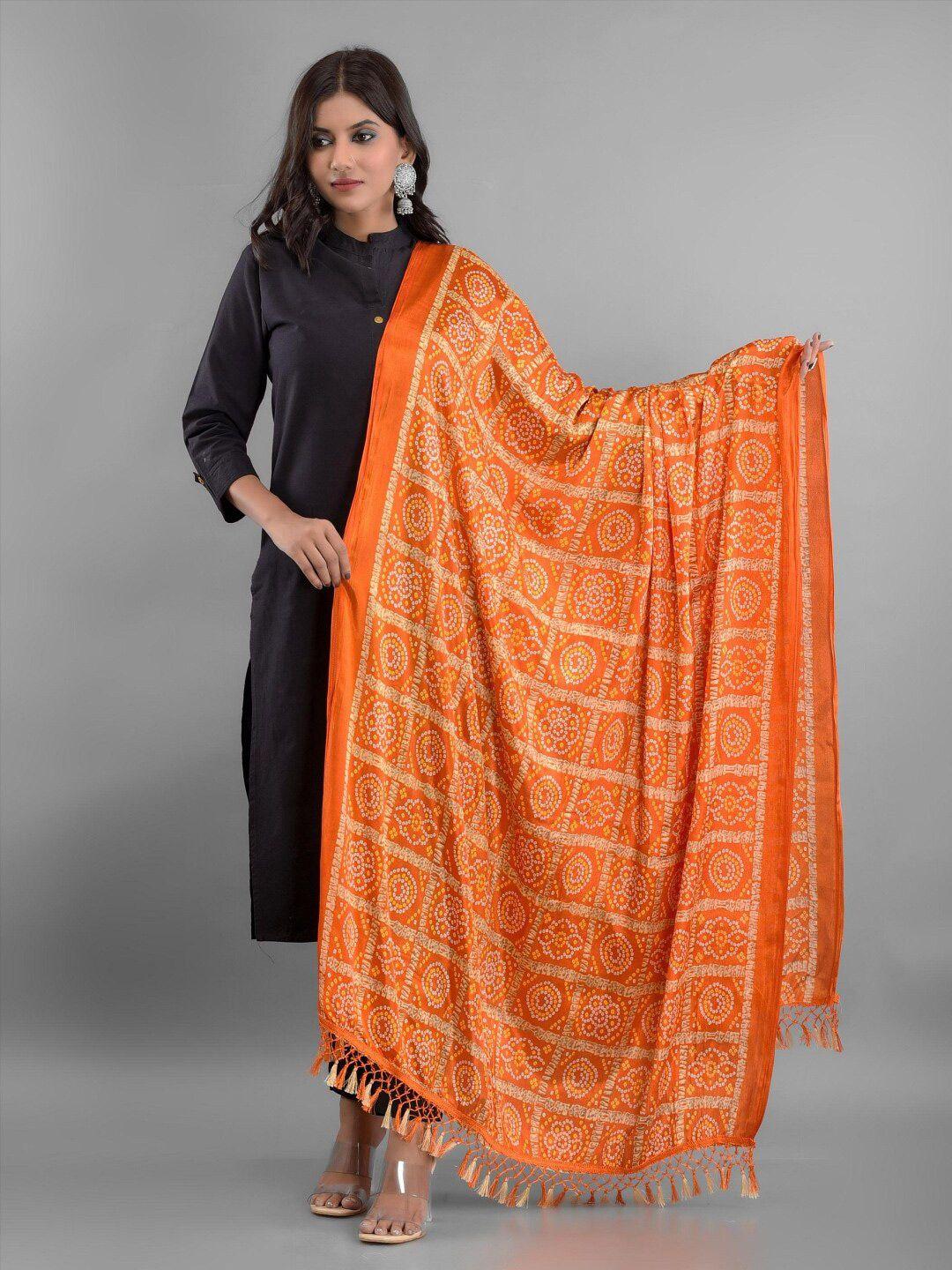 apratim women's orange & white printed bandhani dupatta