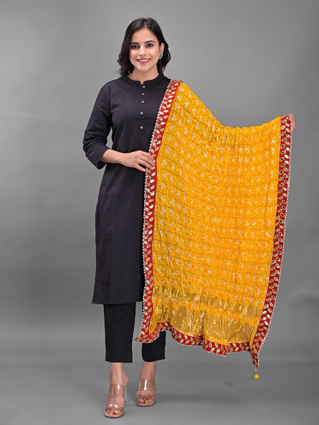 apratim yellow & red dyed art silk bandhani dupatta with gotta patti