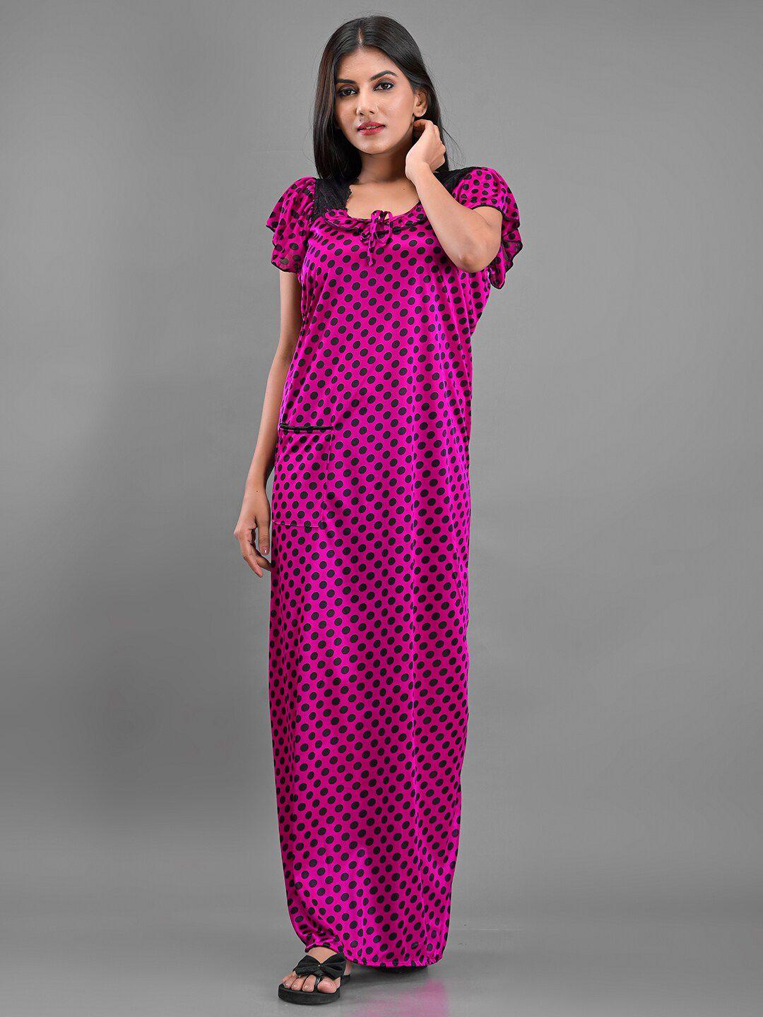 apratim magenta polka dots printed satin maxi nightdress