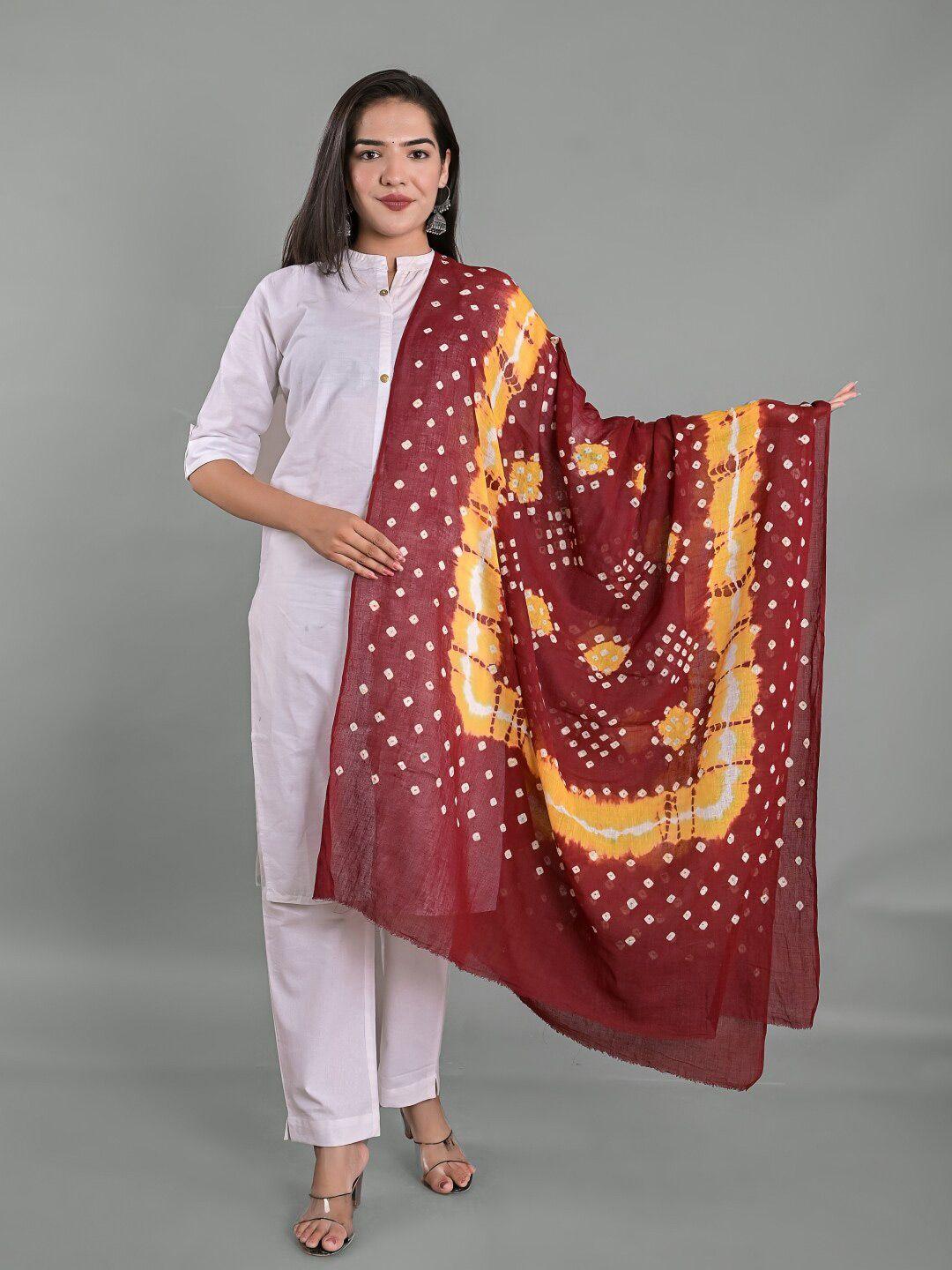 apratim maroon & yellow printed bandhani dupatta