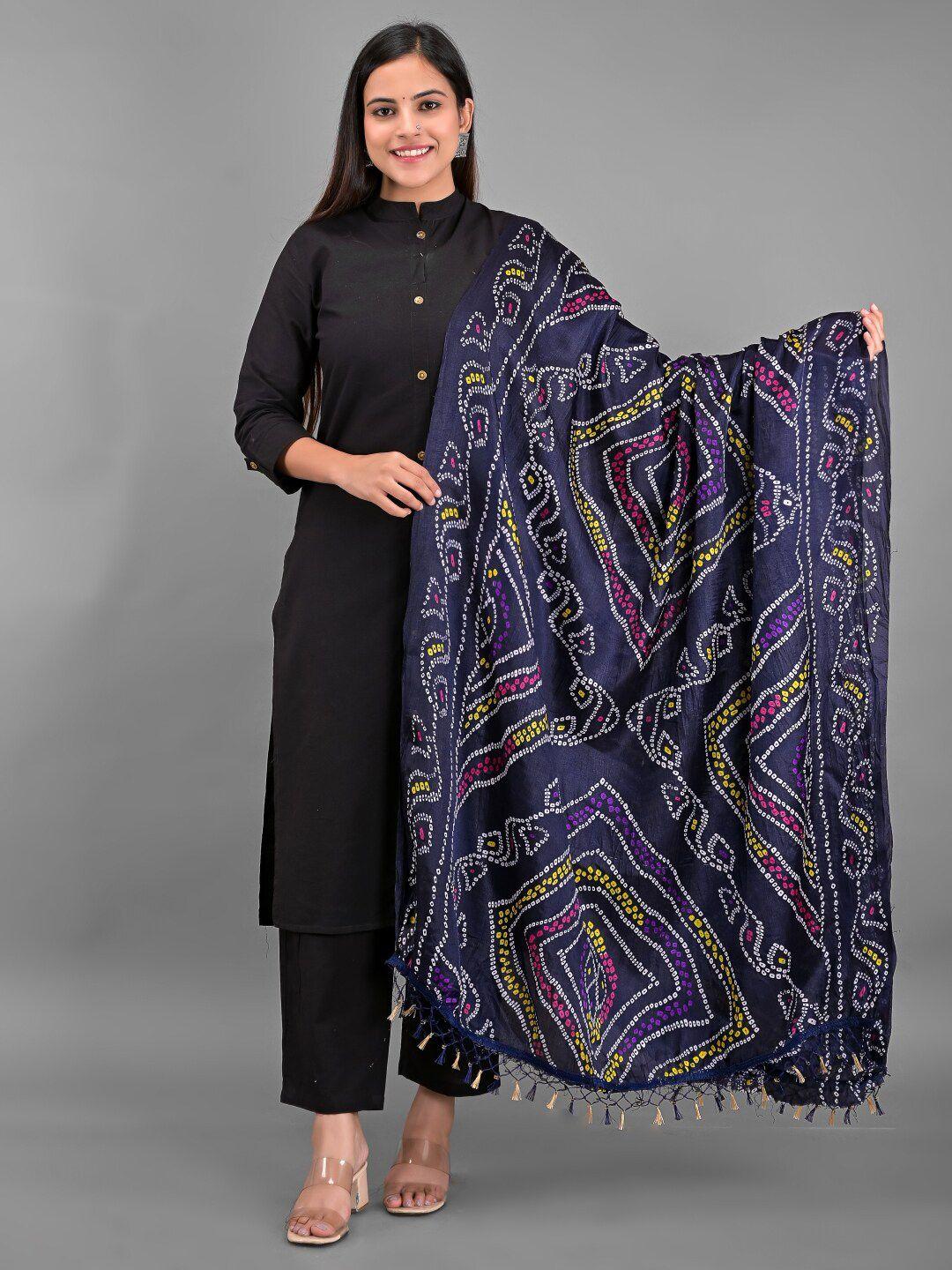 apratim navy blue & pink printed bandhani dupatta