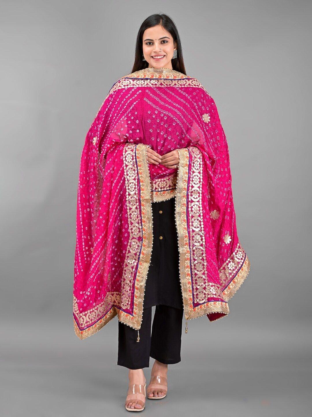 apratim pink & gold-toned embroidered art silk bandhani dupatta with gotta patti