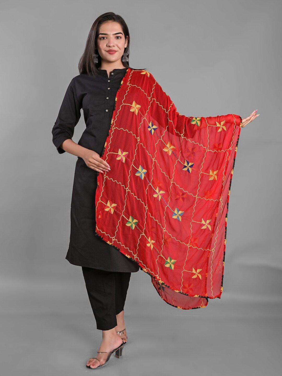 apratim red & yellow ethnic motifs embroidered dupatta with phulkari