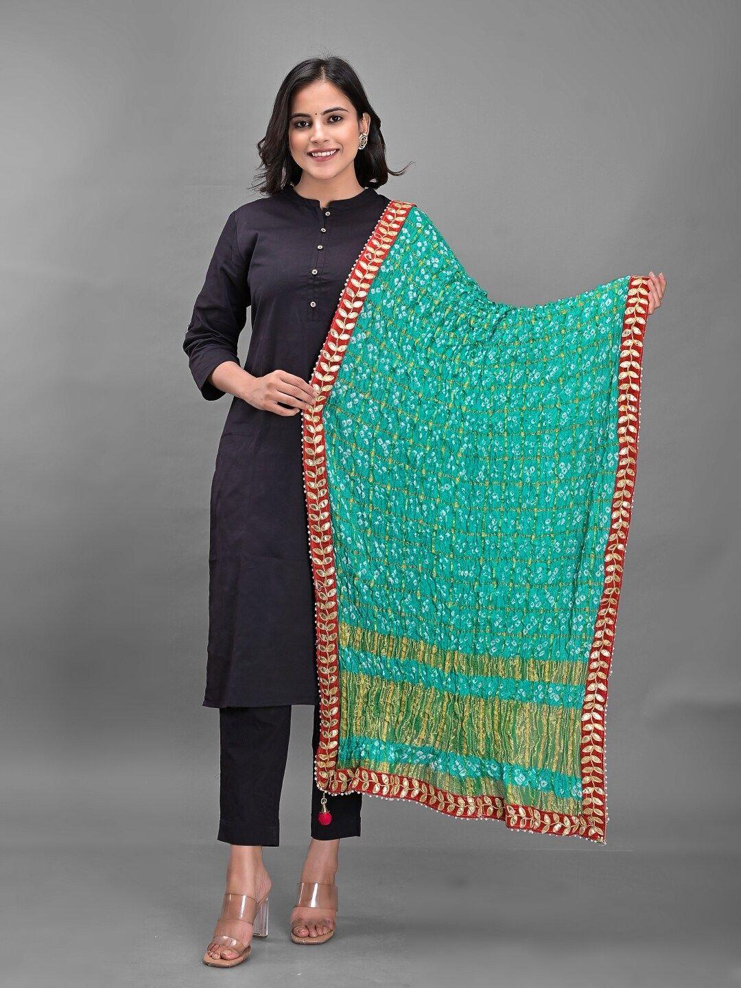 apratim sea green & red dyed art silk bandhani dupatta with gotta patti