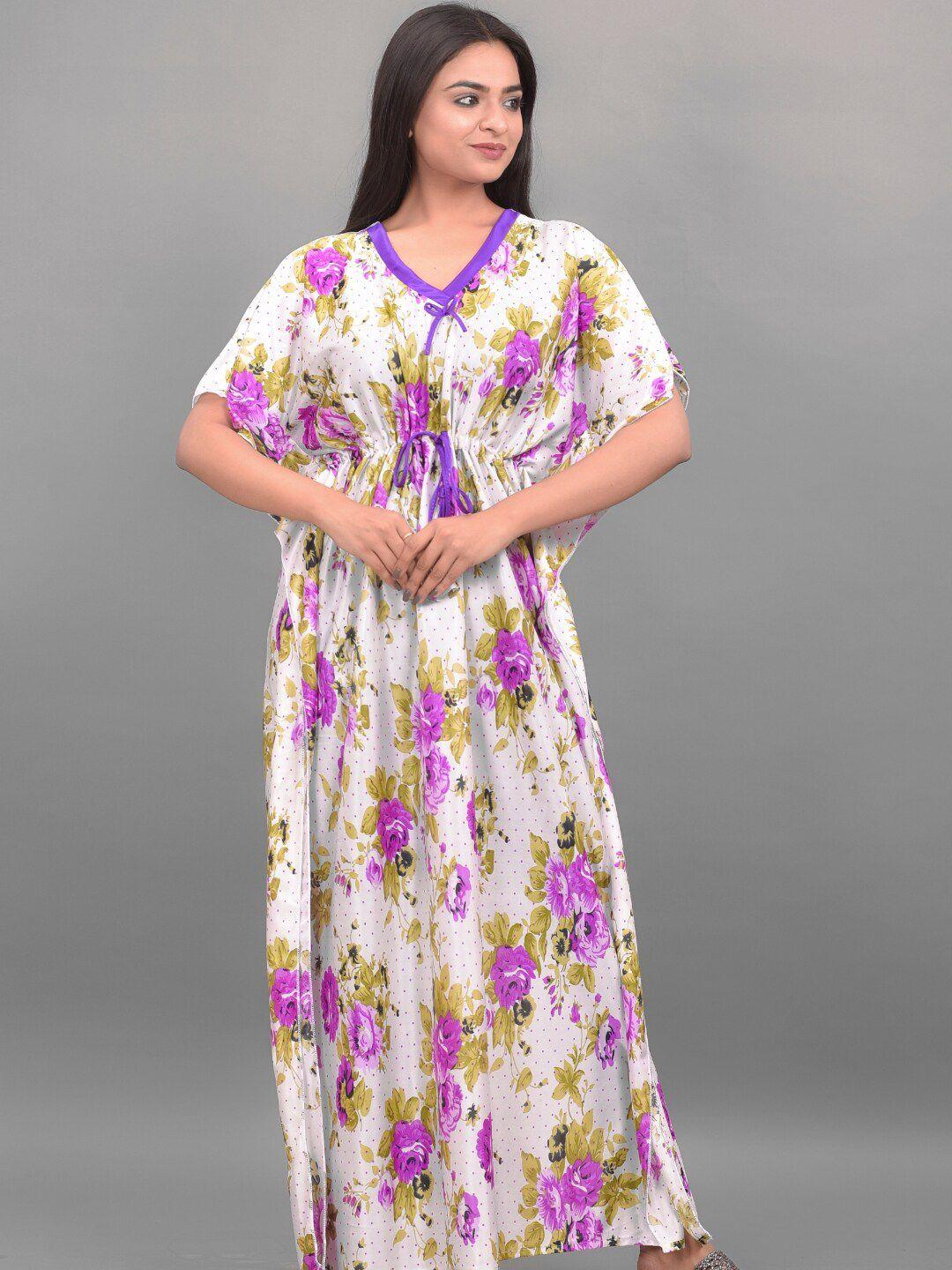 apratim white & purple satin printed kaftan maxi nightdress