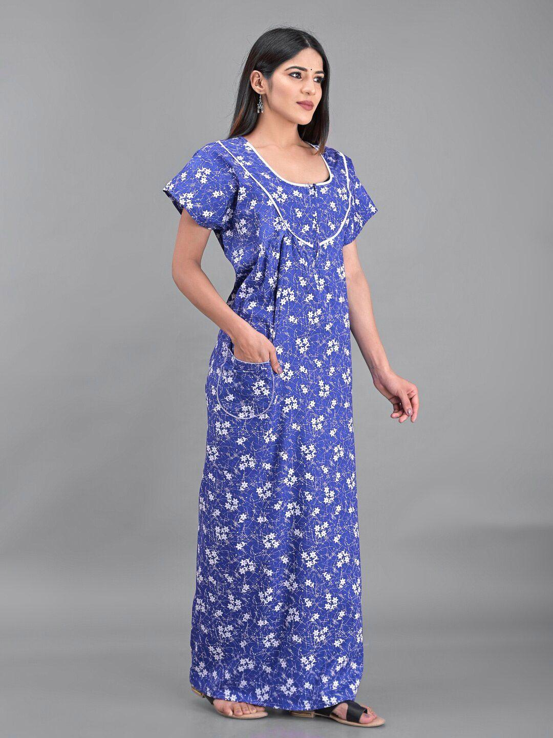 apratim women blue printed pure cotton maxi nightdress