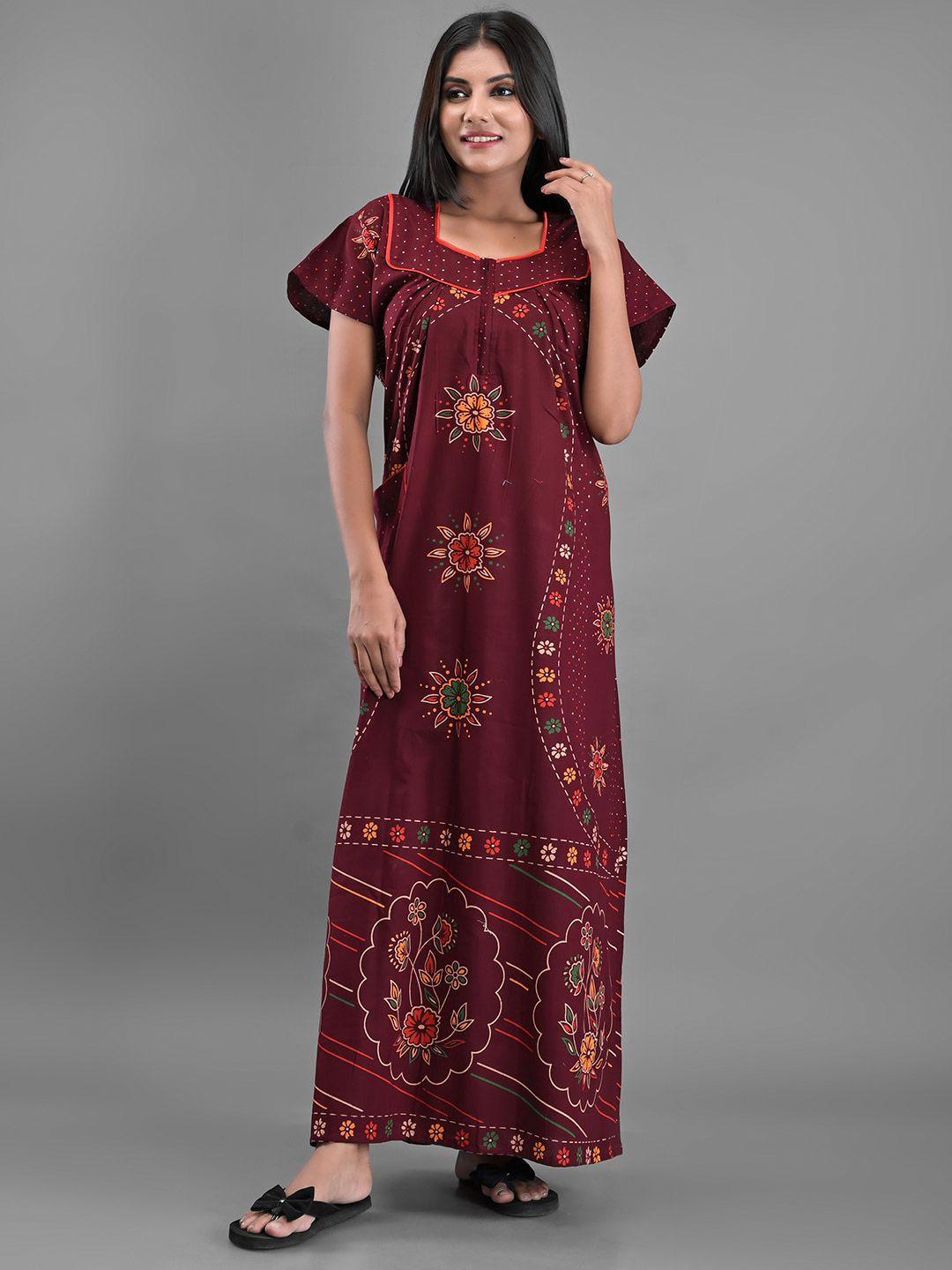 apratim women maroon printed maxi nightdress