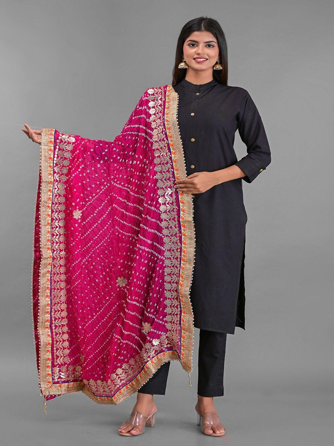 apratim women pink & gold-toned printed art silk foil print dupatta with gotta patti