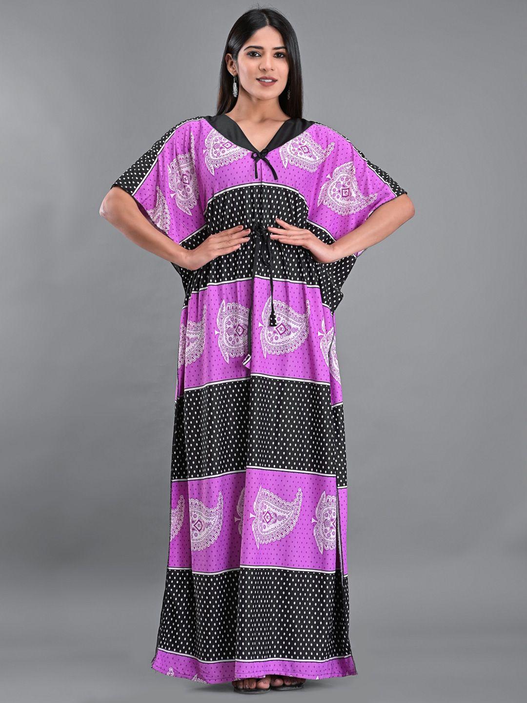 apratim women purple & black ethnic motif printed maxi nightdress