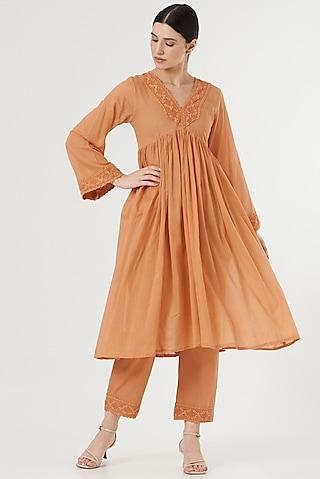 apricot orange mul cotton kurta set