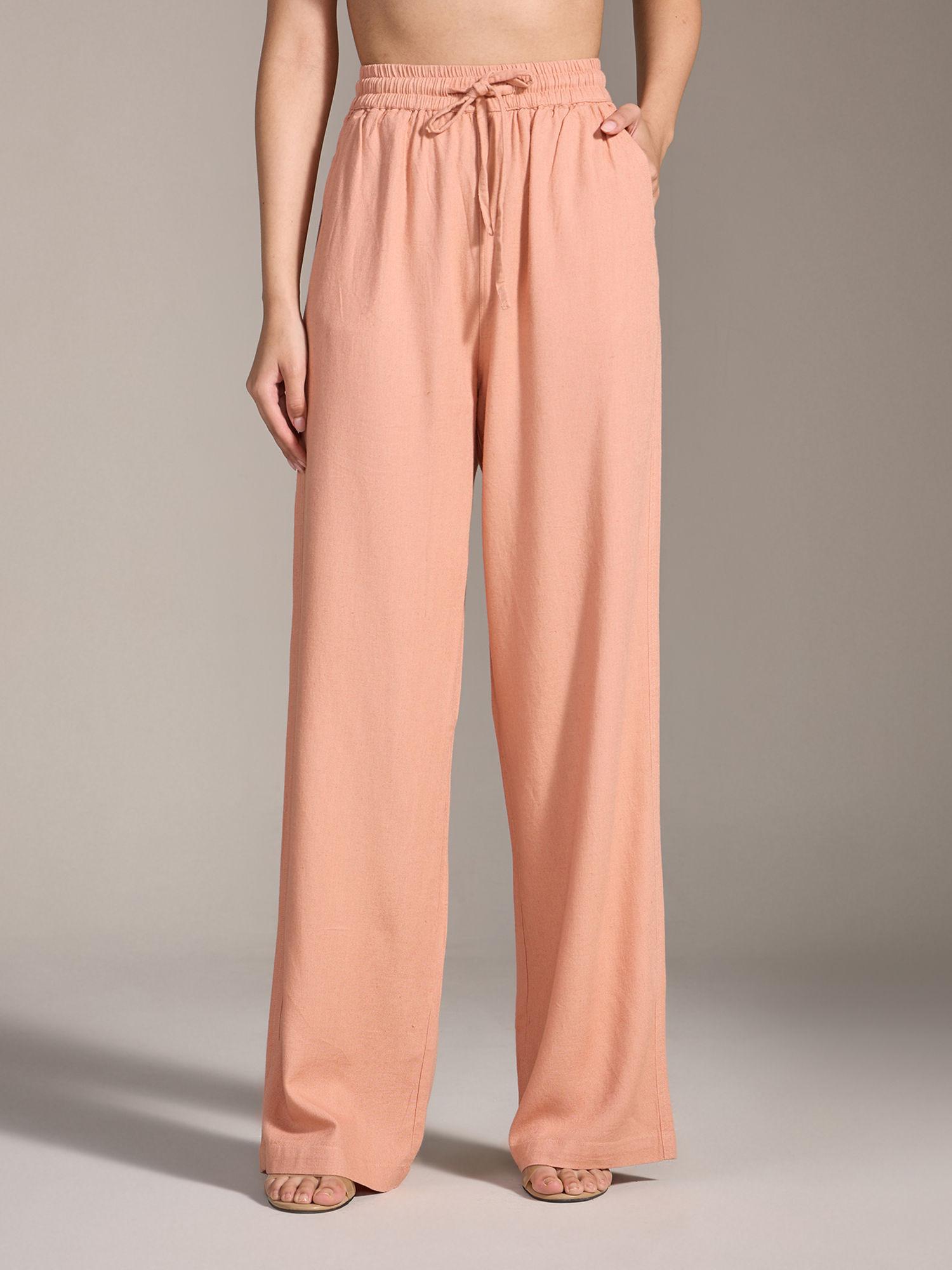 apricot solid mid waist straight linen pants