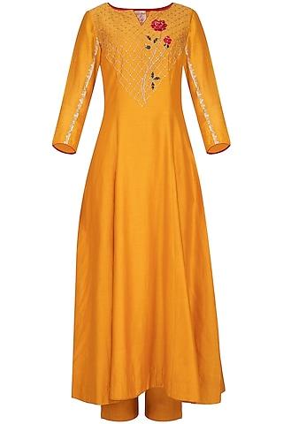 apricot yellow embroidered anarkali set