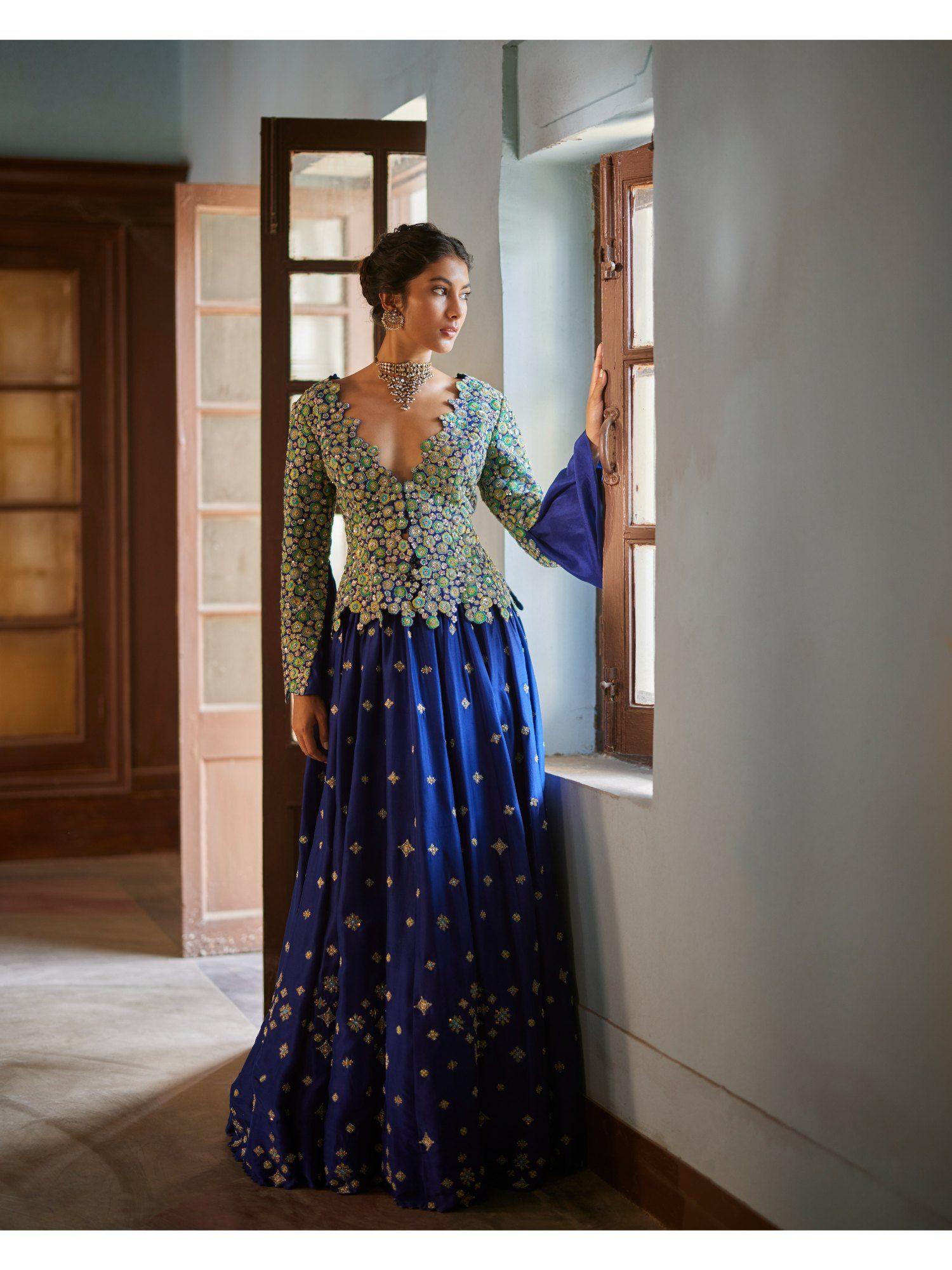 apsara embellished & sequined blue jacket with lehenga (set of 2)