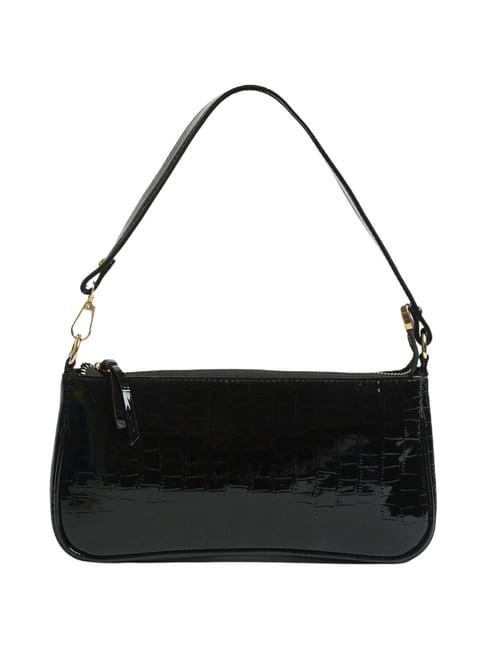 apsis glossy black textured medium shoulder handbag