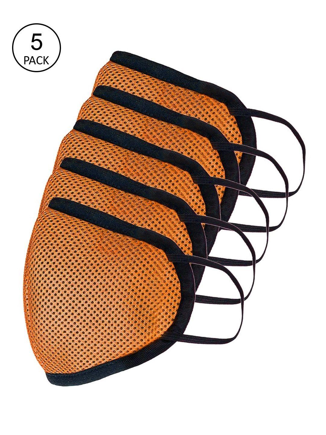 apsis unisex pack of 5 orange & black solid 3-ply anti-pollution reusable cloth masks