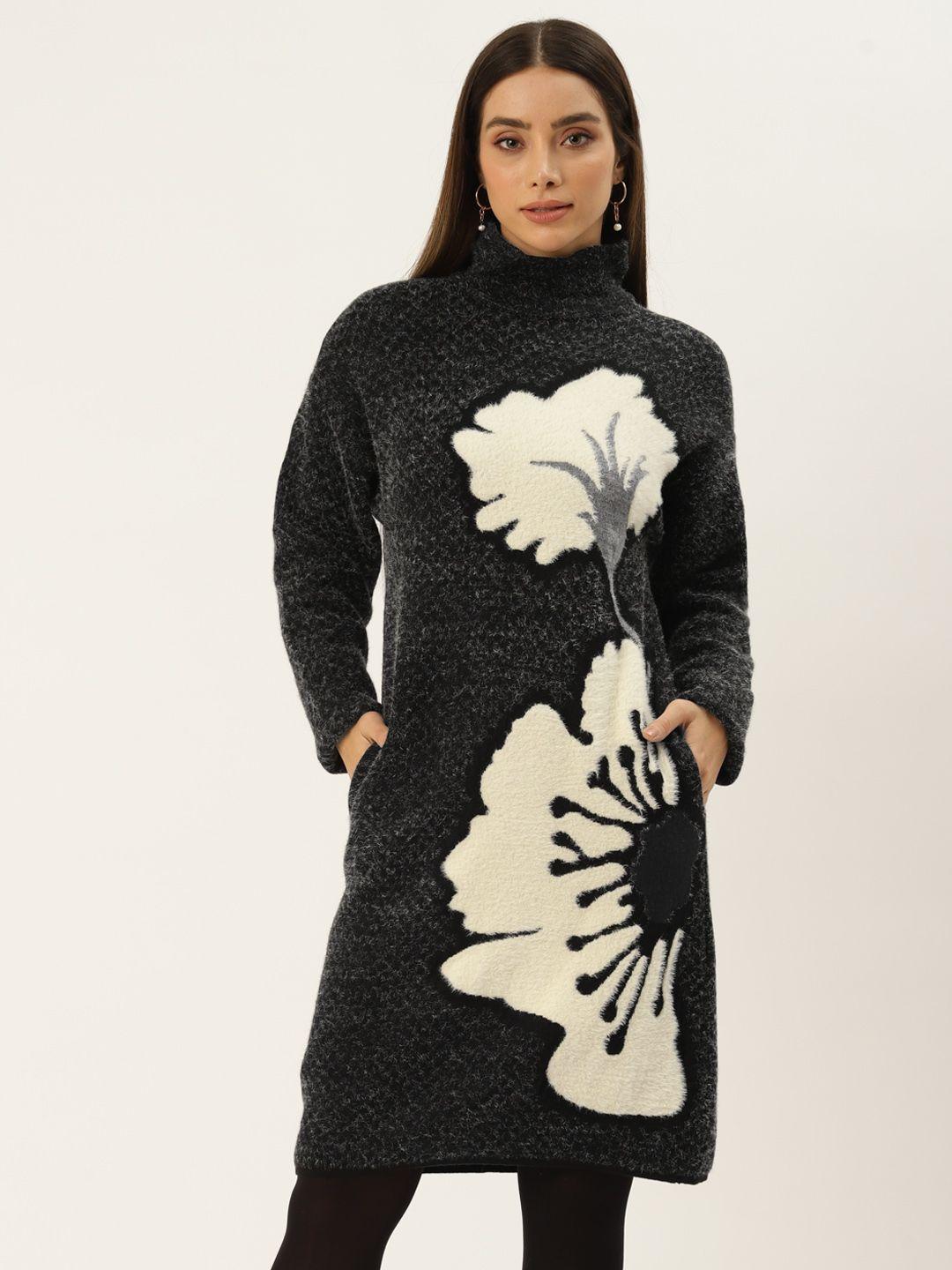 apsley black & off white floral design bodycon woolen dress
